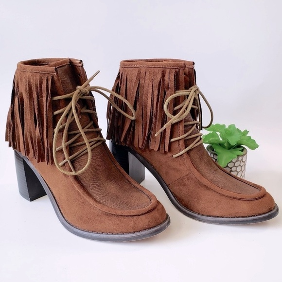 Anthropologie Vanessa Wu Brown Suede Fringed Lace Up Moccasin Booties Size 37 - Picture 2 of 11